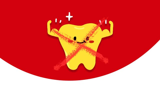 Illustration debunking the myth that yellow teeth are stronger with a red cross.