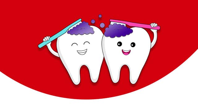 Creative illustration of a tooth using purple shampoo, symbolizing the concept of color correction.